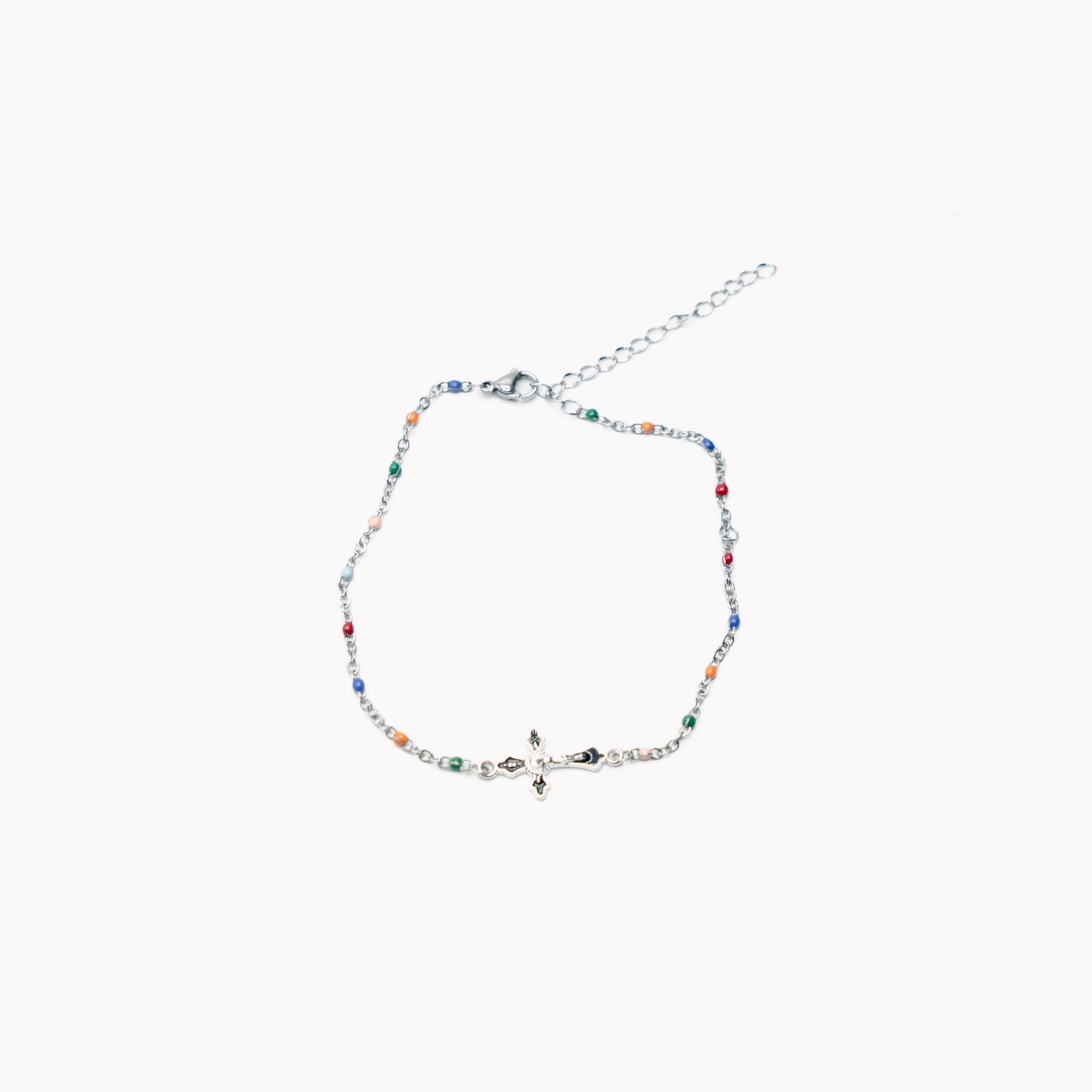 Multi Coloured Silver Cross Anklet
