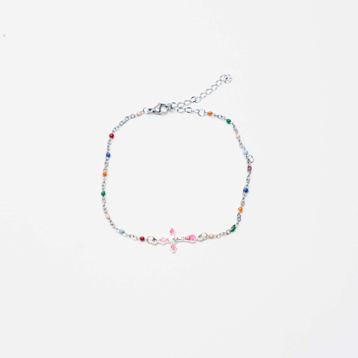 Multi Coloured Silver Cross Anklet