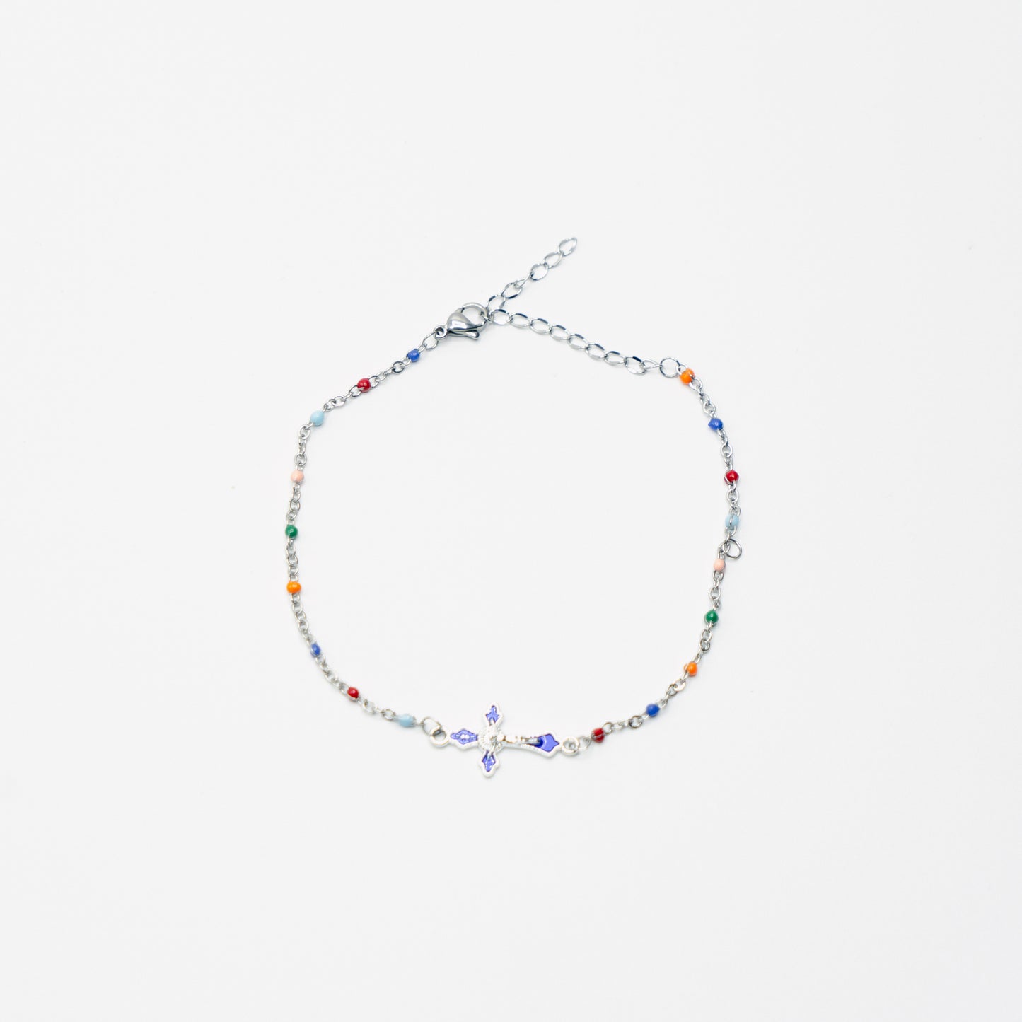 Multi Coloured Silver Cross Anklet