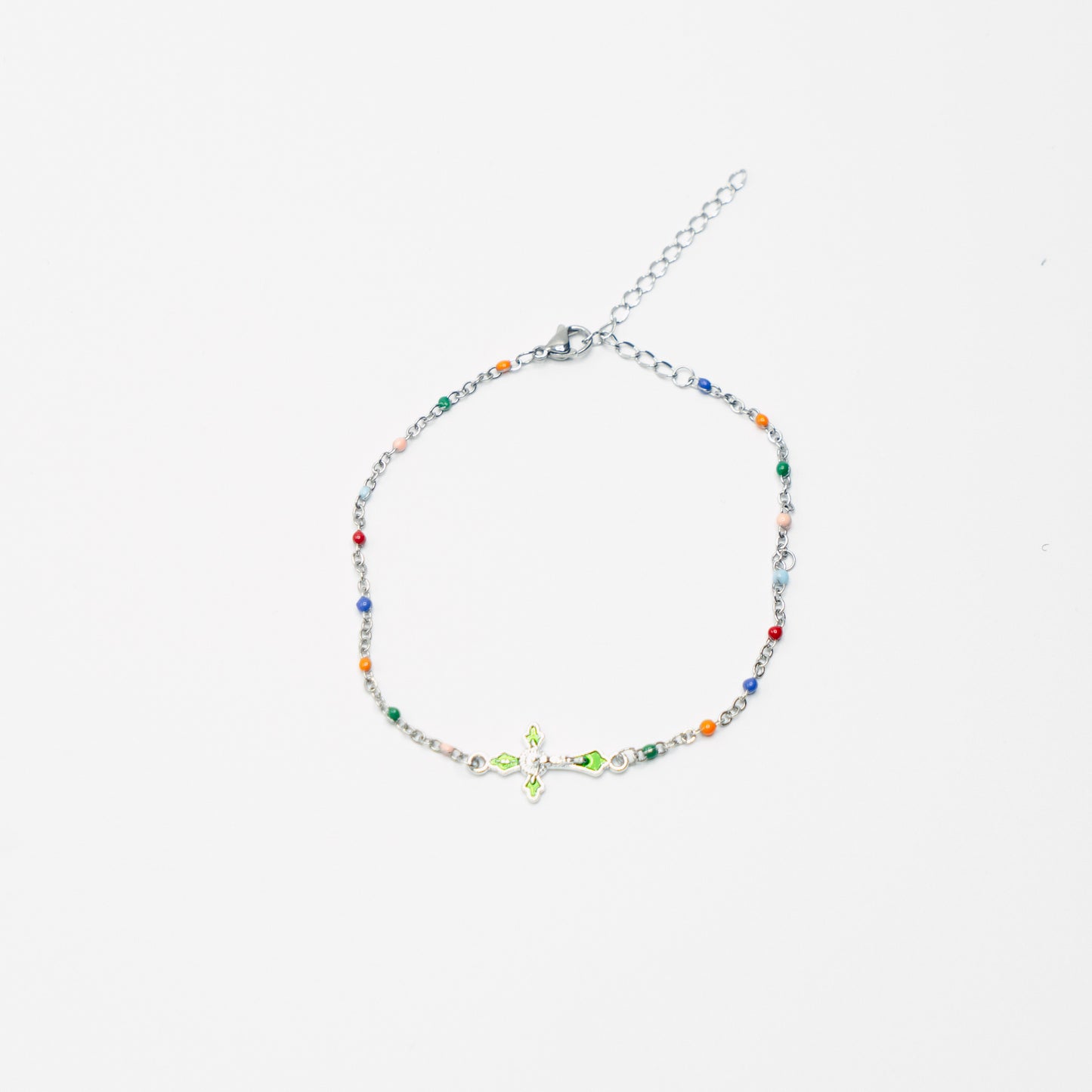 Multi Coloured Silver Cross Anklet