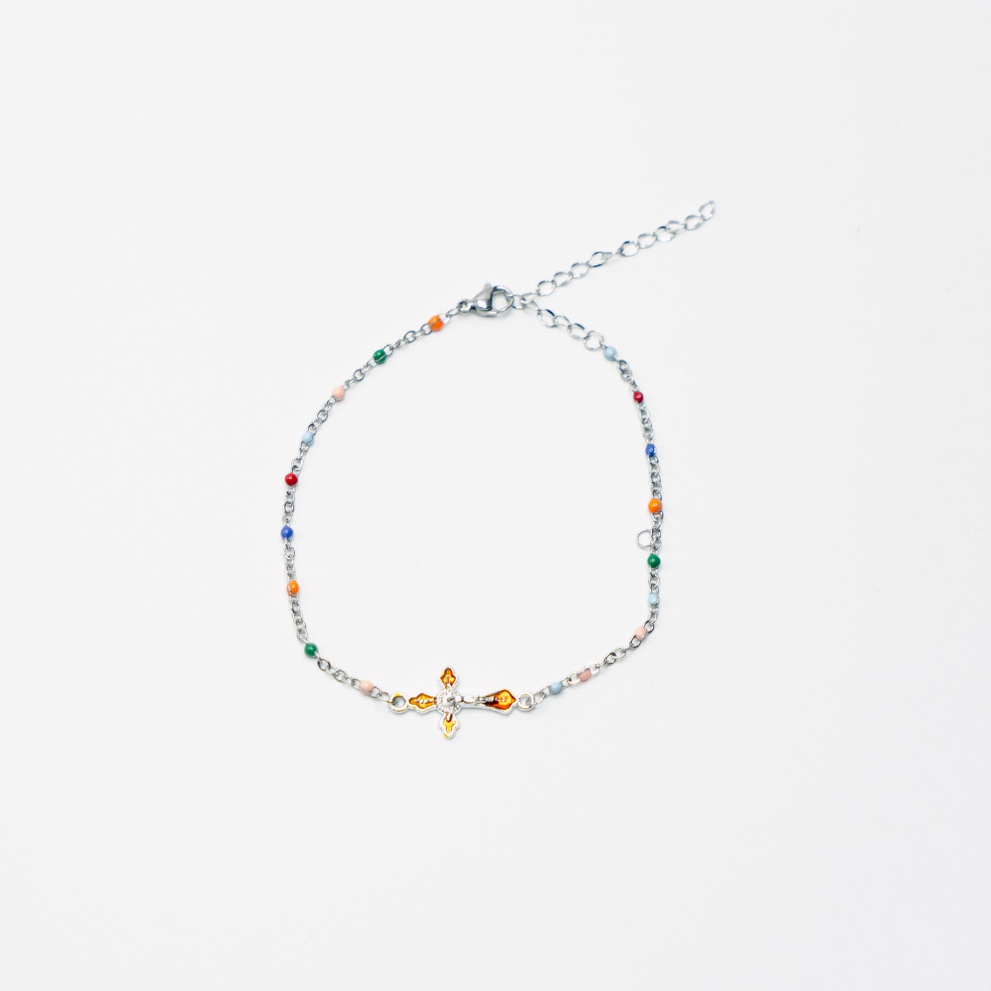 Multi Coloured Silver Cross Anklet