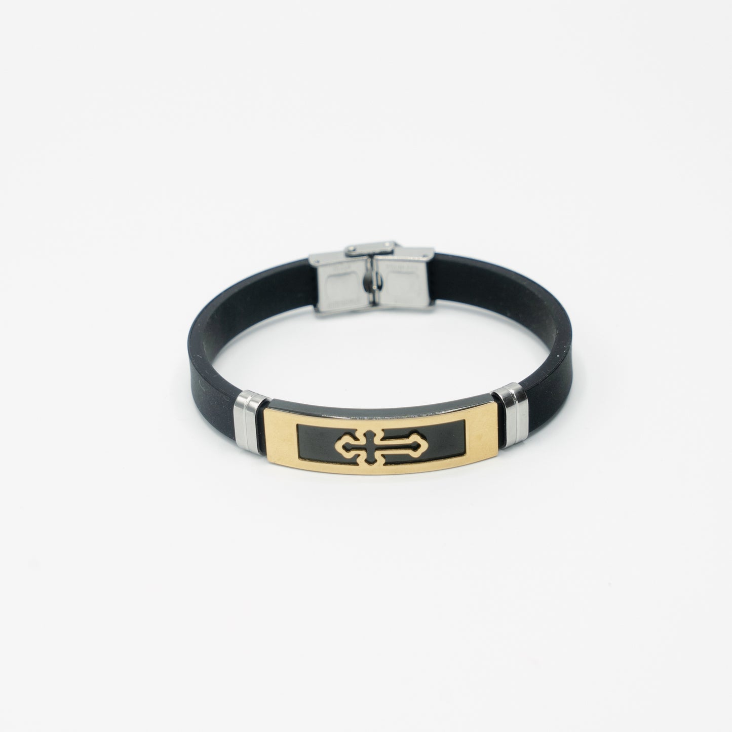 Gold Cross On Black Leather Band
