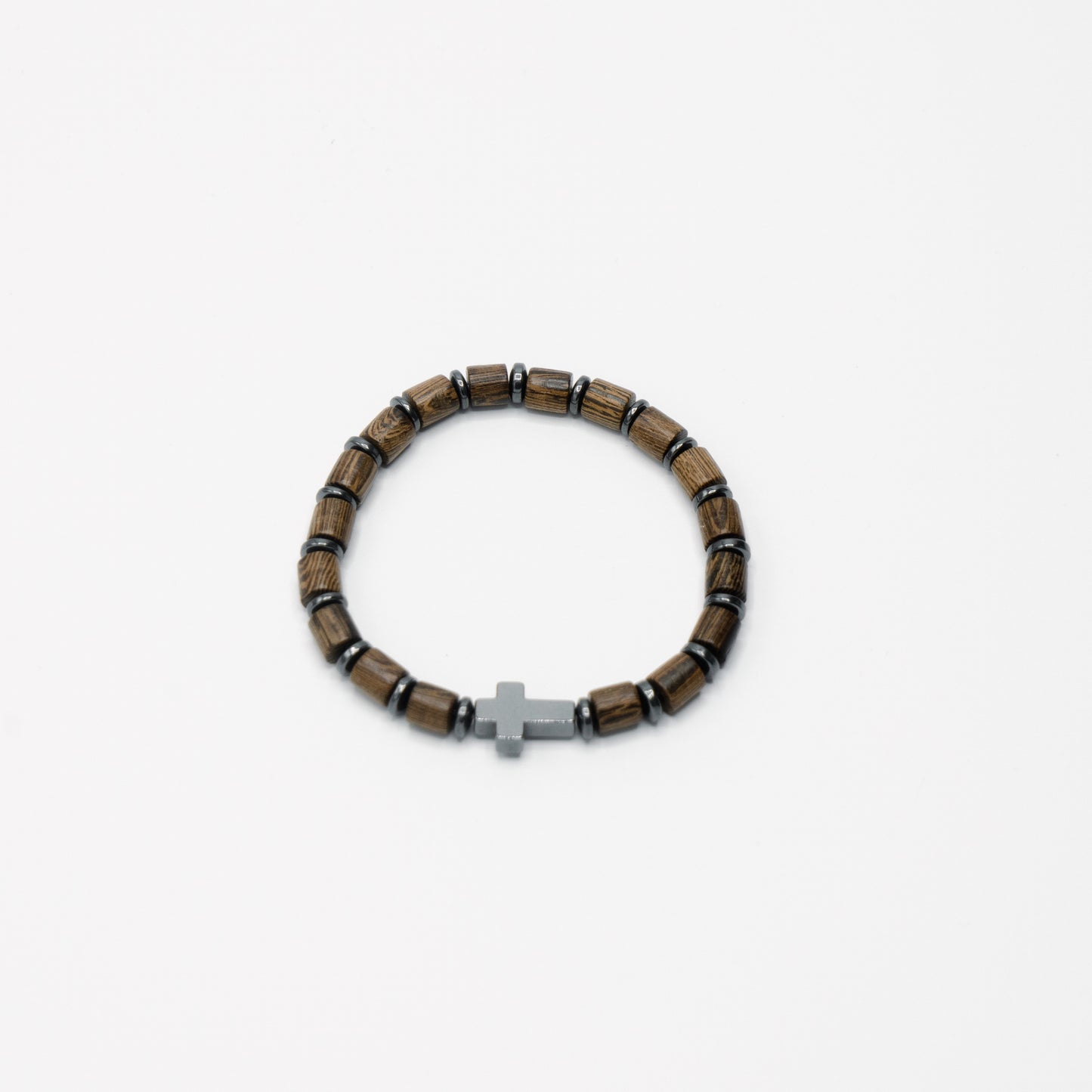 Beaded Wood Onyx Cross Bracelet