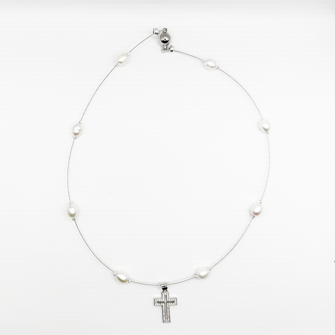 Pearl Rhinestone Cross Necklace- VIENNA ROSE Series