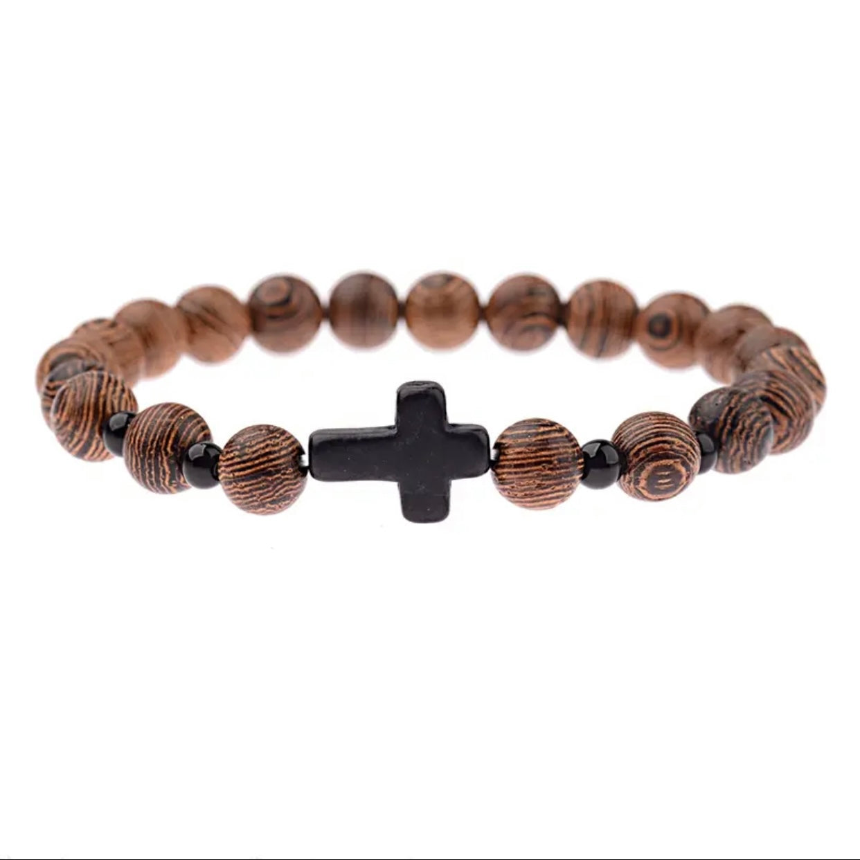 Beaded Round Wood Agate Cross Bracelet