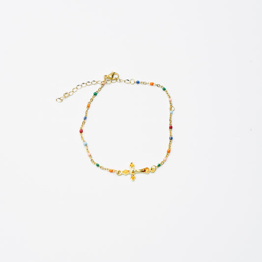 Multi Coloured Gold Cross Anklet