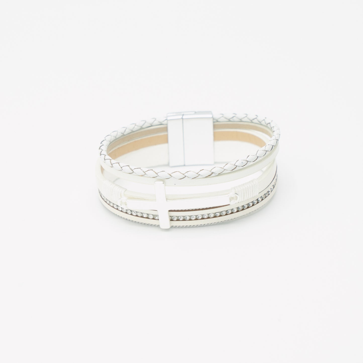Leather Diamante Silver Cross Band