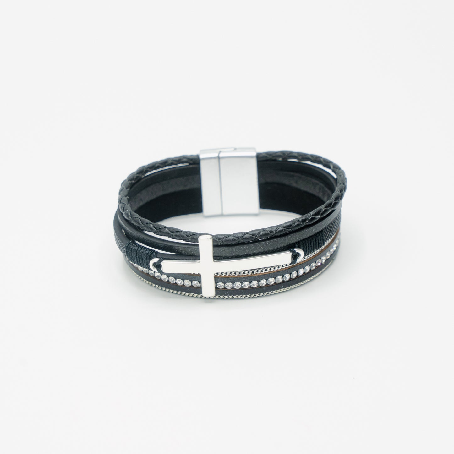 Leather Diamante Silver Cross Band