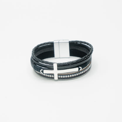 Leather Diamante Silver Cross Band