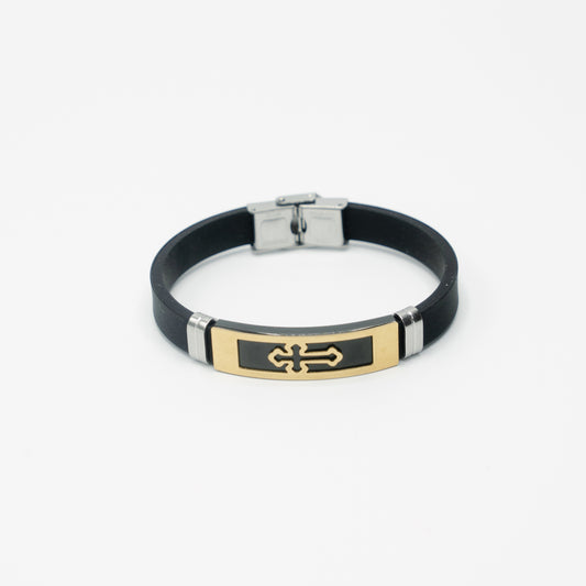 Gold Cross On Black Leather Band