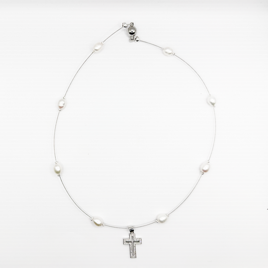 Pearl Rhinestone Cross Necklace- VIENNA ROSE Series